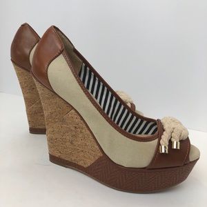 Gianni Bini cork nautical sailor peep toe wedges 9